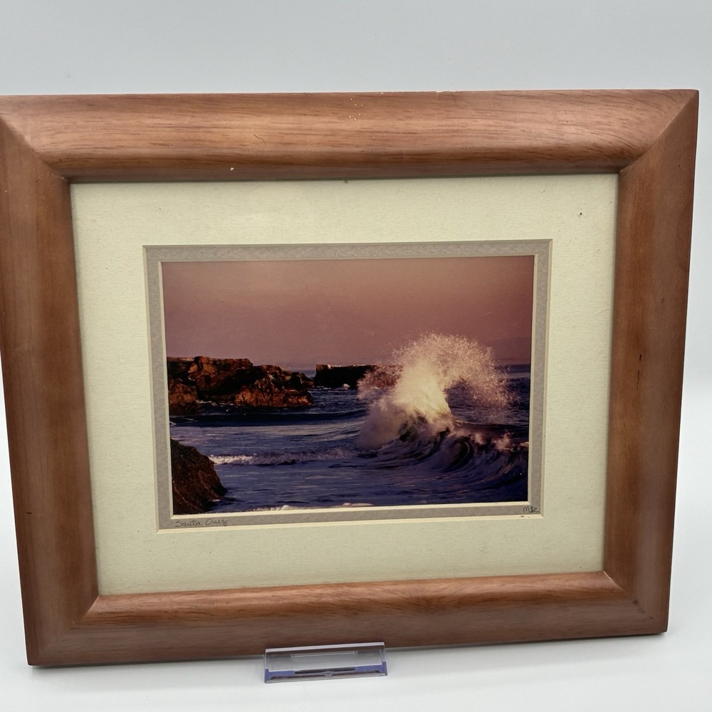 Vintage Framed Coastal Seascape Photograph Santa Cruz Waves Wood Frame
